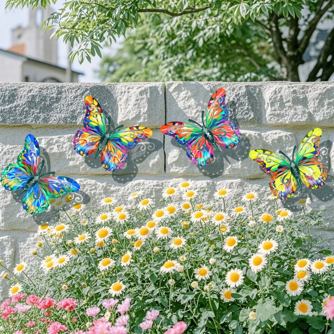 🦋 4 قطع ديكور حائط معدني على شكل فراشة، منحوتات فنية جدارية خارجية معلقة للزينة